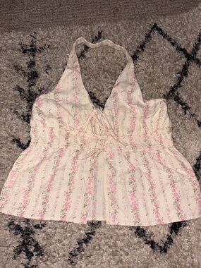 Floral Halter Peplum Camisole - Pink/White